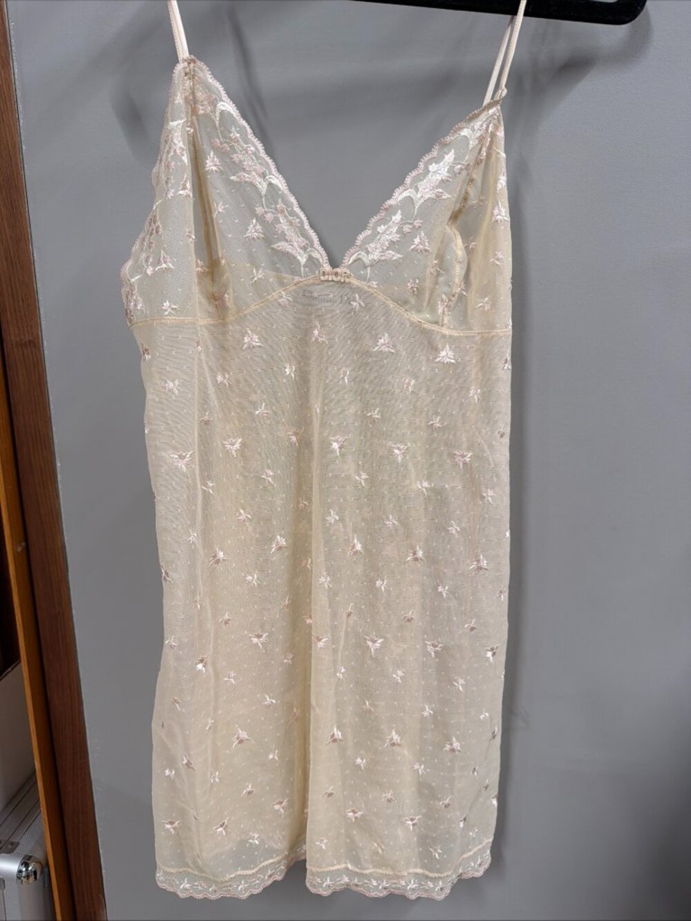 Christian Dior Cream Tulle Slip Dress Pink Floral Embroidery Lace DIOR Small